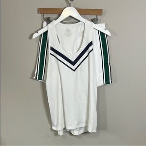 Tory Burch White Tank with Navy Chevron and Green-Striped Shorts